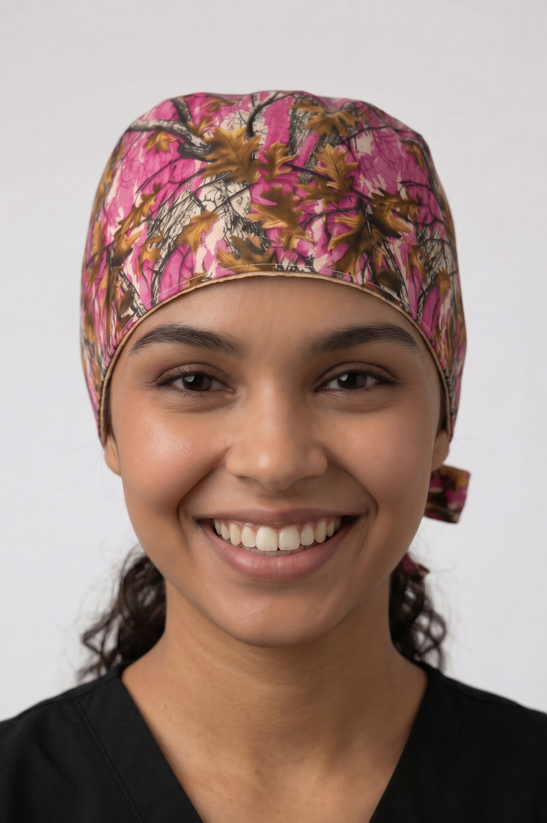 Pink Camo Satin Lined Scrub Cap | Button &amp; Tie Back