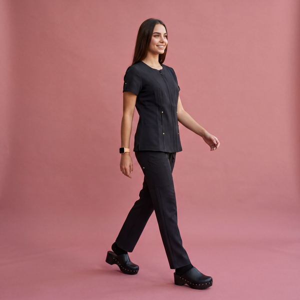 Scrubs Galore Women's Black Zip-Front Scrub Top with Gold Accents