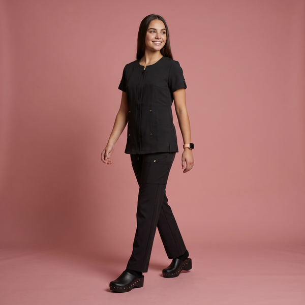 Scrubs Galore Women's Black Zip-Front Scrub Top with Gold Accents