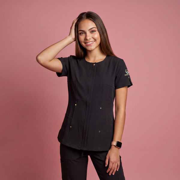 Scrubs Galore Women's Black Zip-Front Scrub Top with Gold Accents