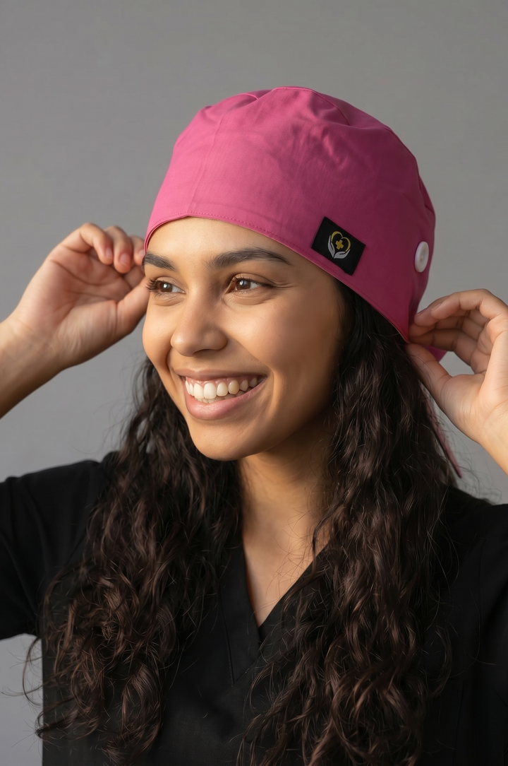 Berry Pink Satin Lined Scrub Cap | Button &amp; Tie Back