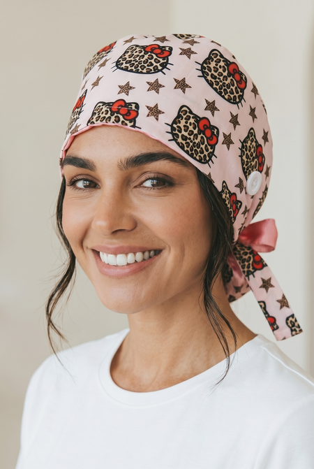 Pink Leopard Satin Lined Scrub Cap | Button & Tie Back