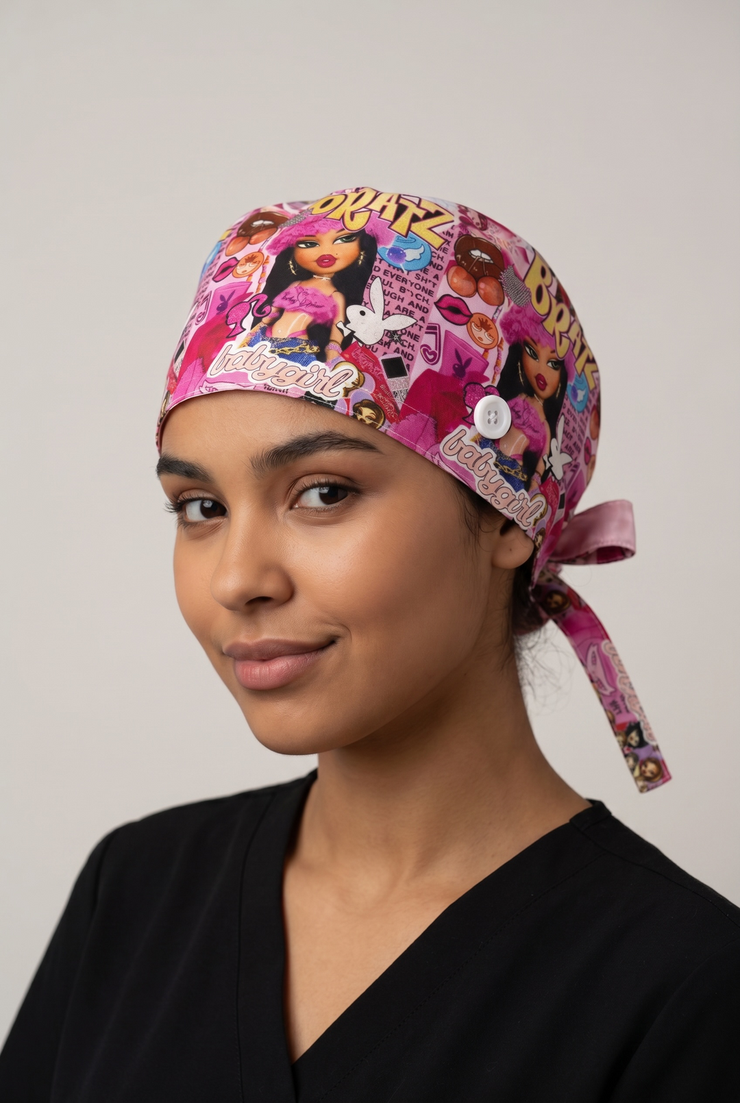 Pink Glam Satin Lined Scrub Cap | Button &amp; Tie Back