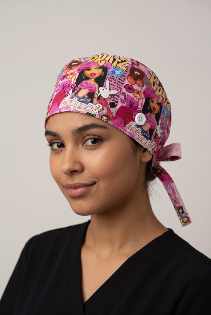 Pink Glam Satin Lined Scrub Cap | Button &amp; Tie Back