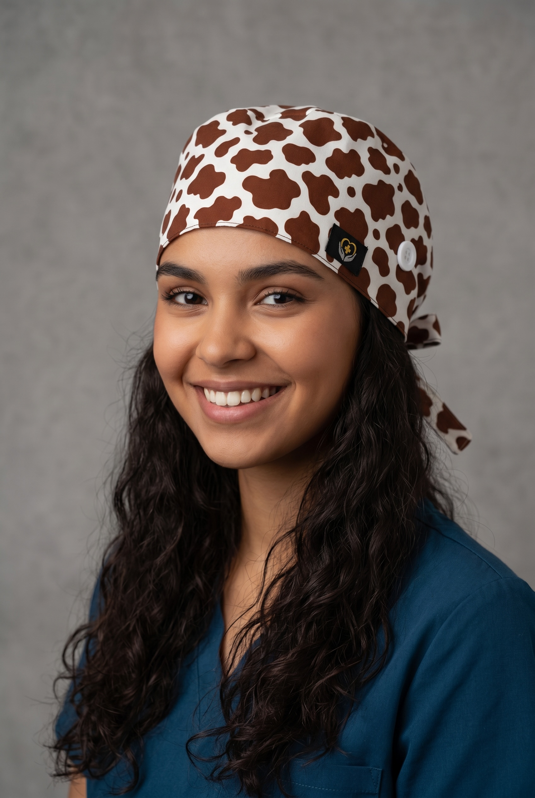 Cow Print Satin Lined Scrub Cap | Button &amp; Tie Back