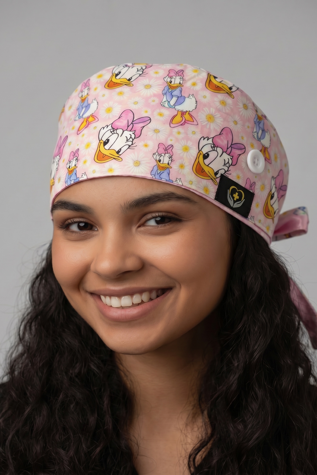 Pink Daisy Satin Lined Scrub Cap | Button &amp; Tie Back