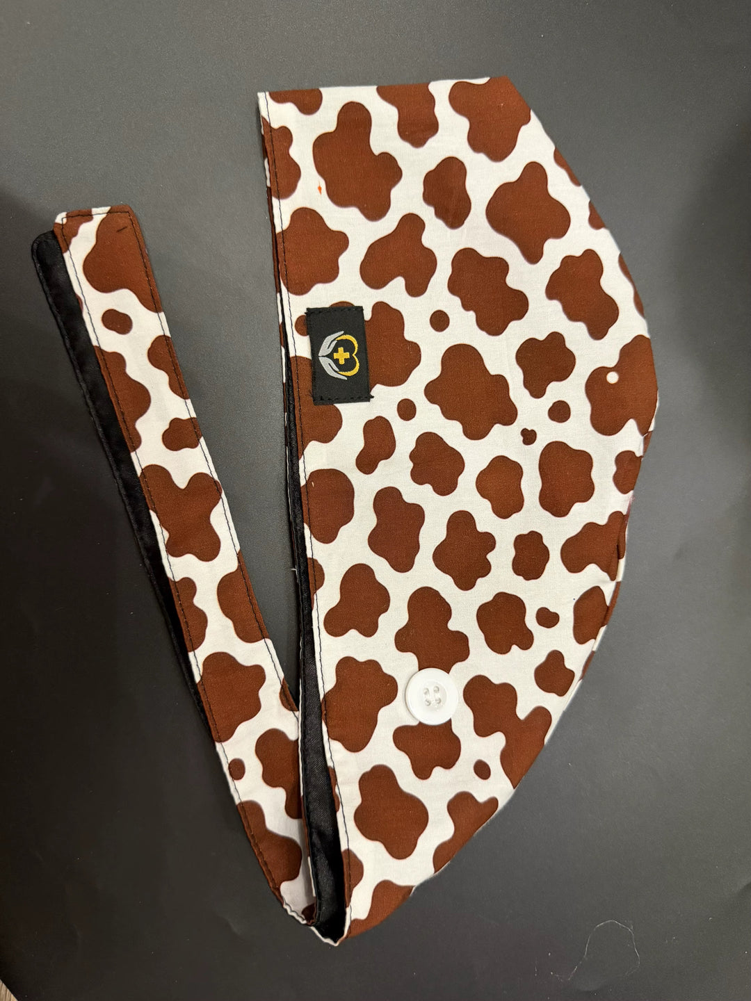Cow Print Satin Lined Scrub Cap | Button &amp; Tie Back