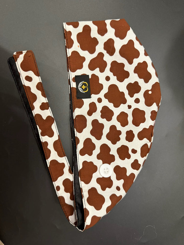 Cow Print Satin Lined Scrub Cap | Button &amp; Tie Back