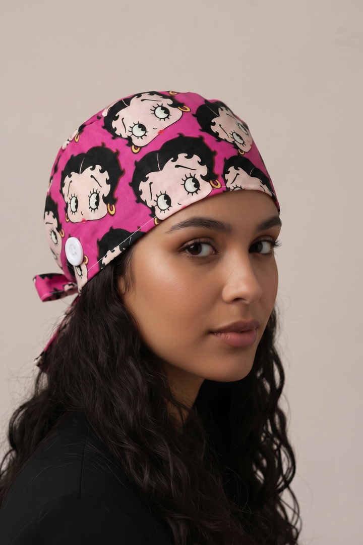 Betty Boop Satin Lined Scrub Cap | Button &amp; Tie Back