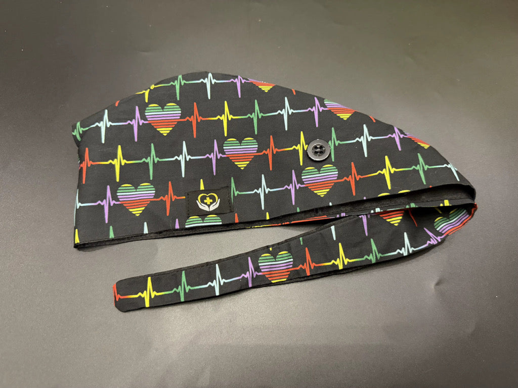 Rainbow Heartbeat Satin Lined Scrub Cap | Button &amp; Tie Back