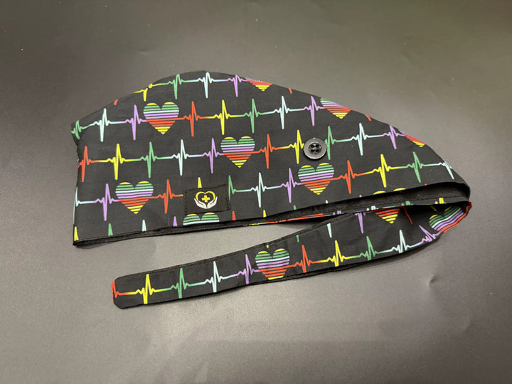 Rainbow Heartbeat Satin Lined Scrub Cap | Button &amp; Tie Back