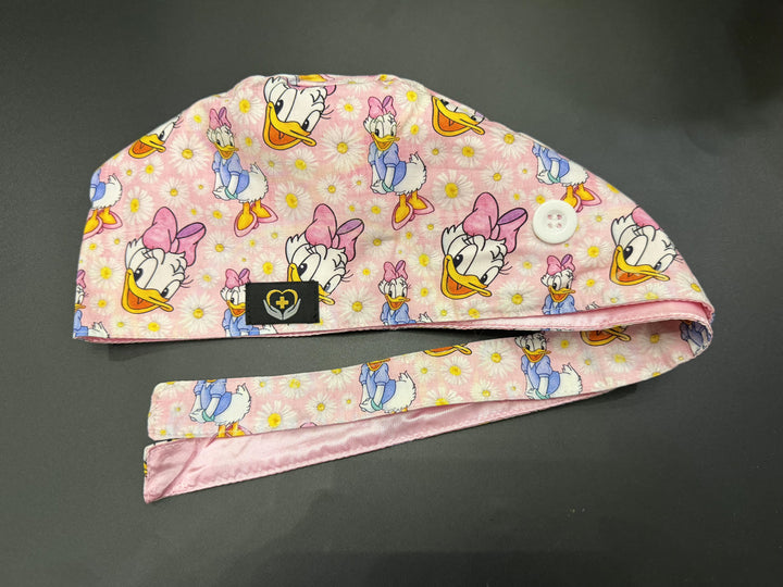 Pink Daisy Satin Lined Scrub Cap | Button &amp; Tie Back