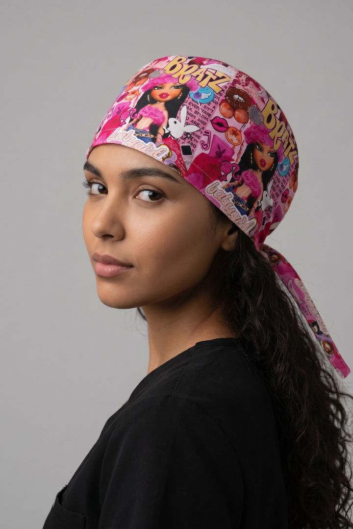 Pink Glam Satin Lined Scrub Cap | Button &amp; Tie Back