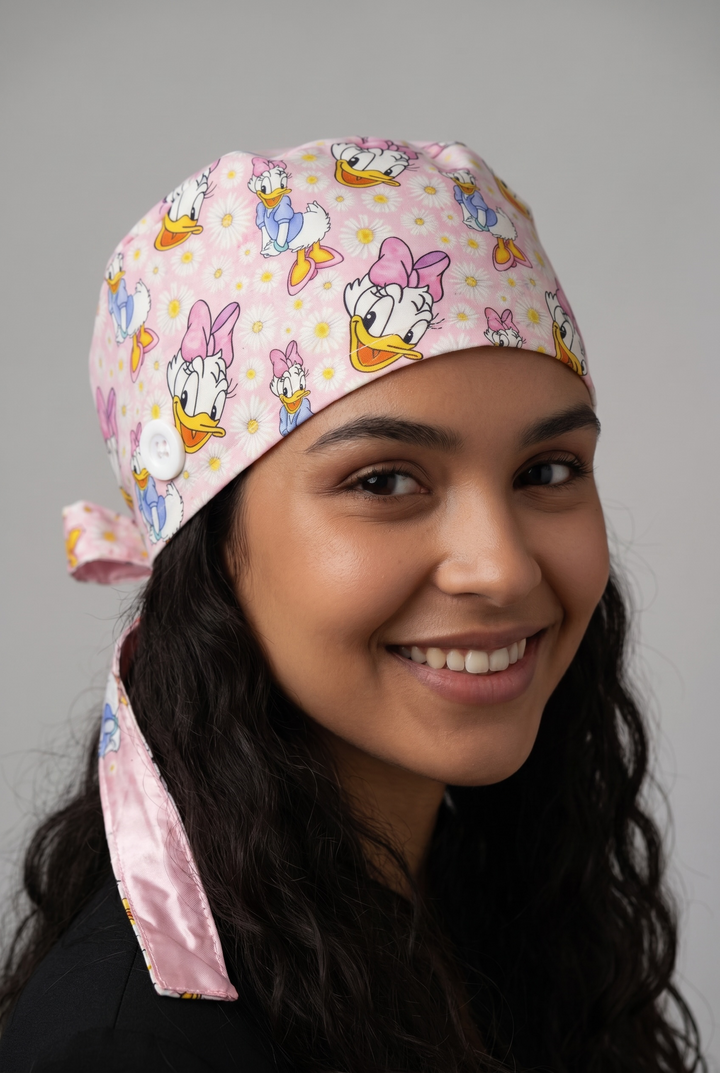 Pink Daisy Satin Lined Scrub Cap | Button &amp; Tie Back