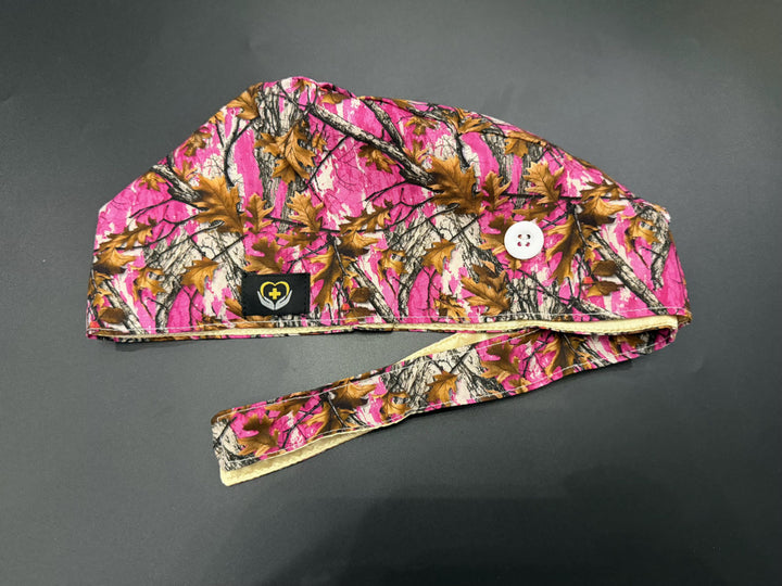 Pink Camo Satin Lined Scrub Cap | Button &amp; Tie Back