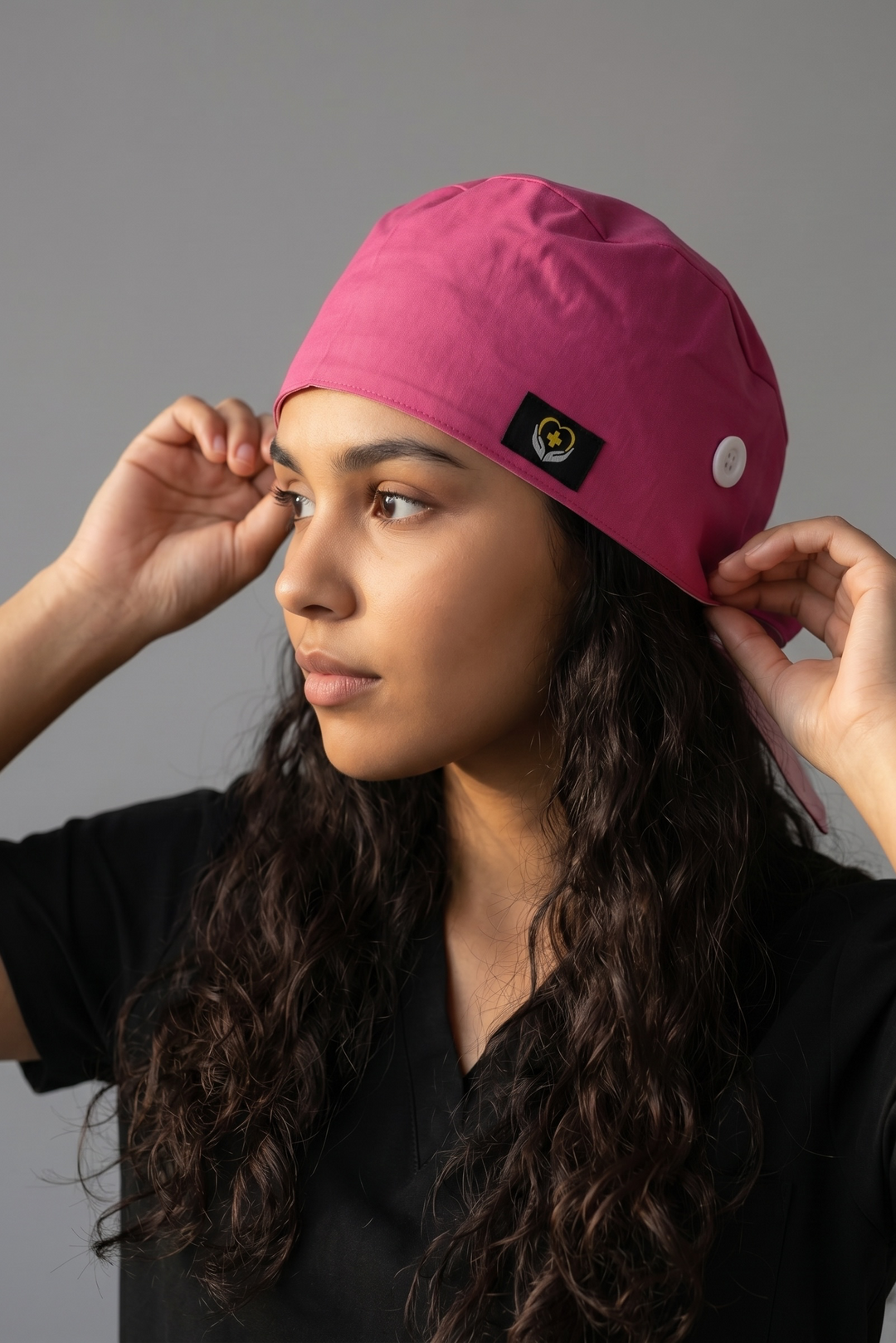 Berry Pink Satin Lined Scrub Cap | Button &amp; Tie Back
