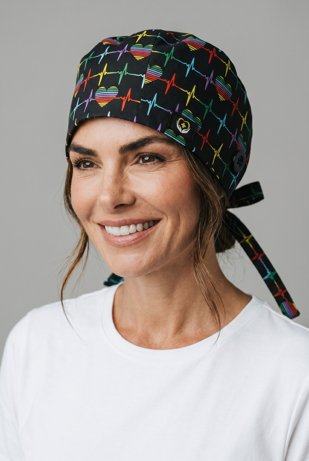 Rainbow Heartbeat Satin Lined Scrub Cap | Button &amp; Tie Back