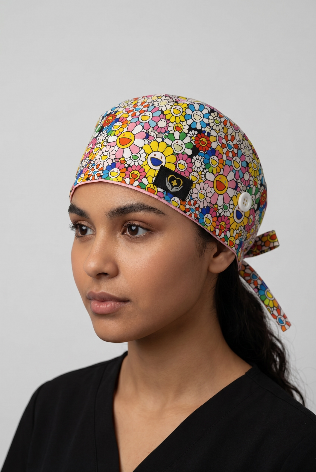 Bloom Bliss Satin Lined Scrub Cap | Button &amp; Tie Back