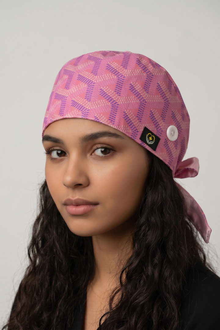 Blush Monogram Satin Lined Scrub Cap | Button &amp; Tie Back