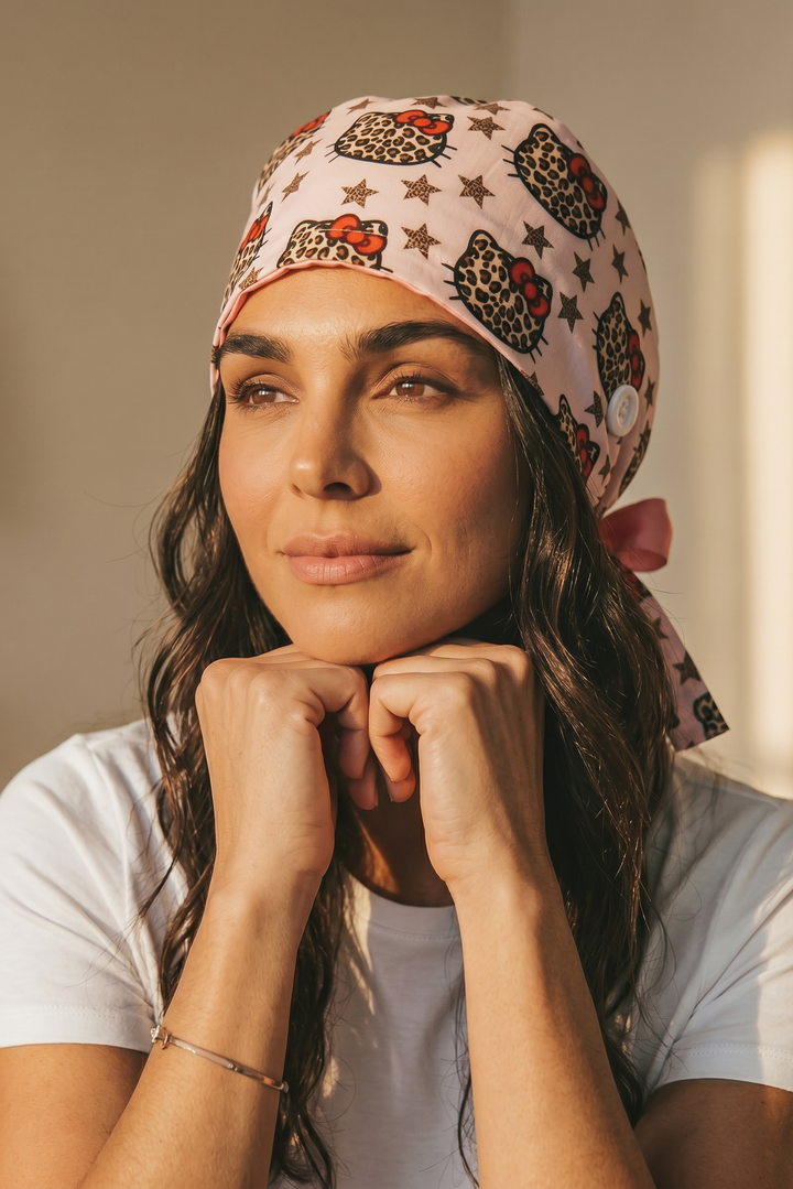 Pink Leopard Satin Lined Scrub Cap | Button &amp; Tie Back