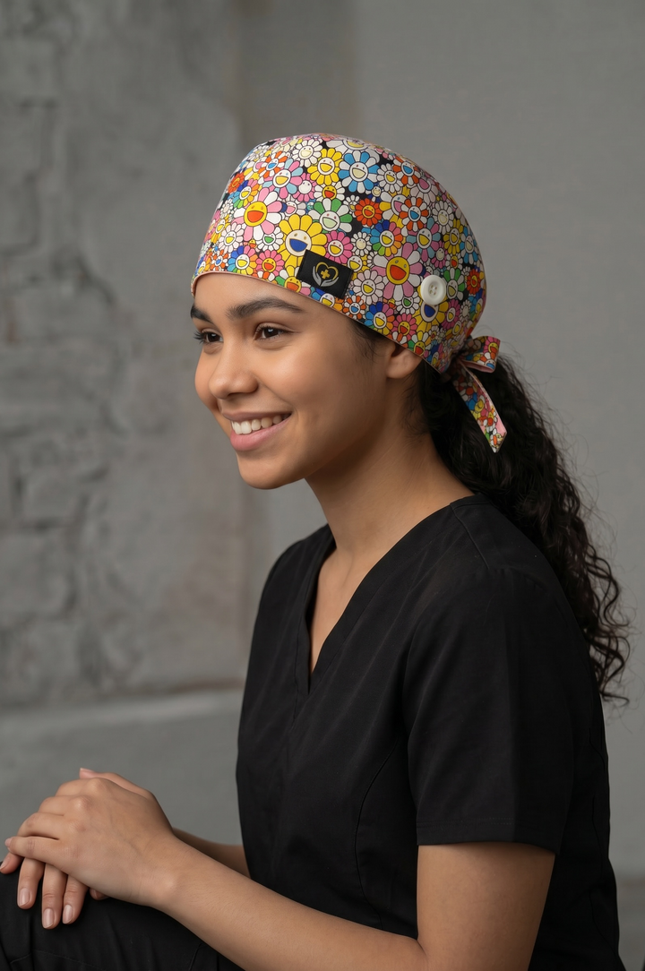 Bloom Bliss Satin Lined Scrub Cap | Button &amp; Tie Back