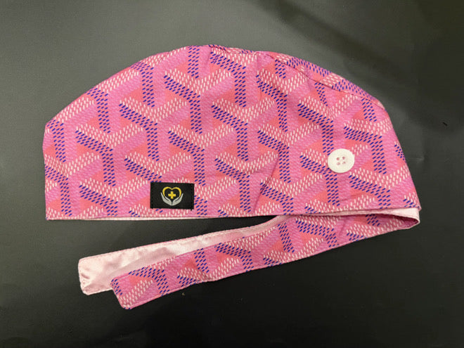 Blush Monogram Satin Lined Scrub Cap | Button &amp; Tie Back