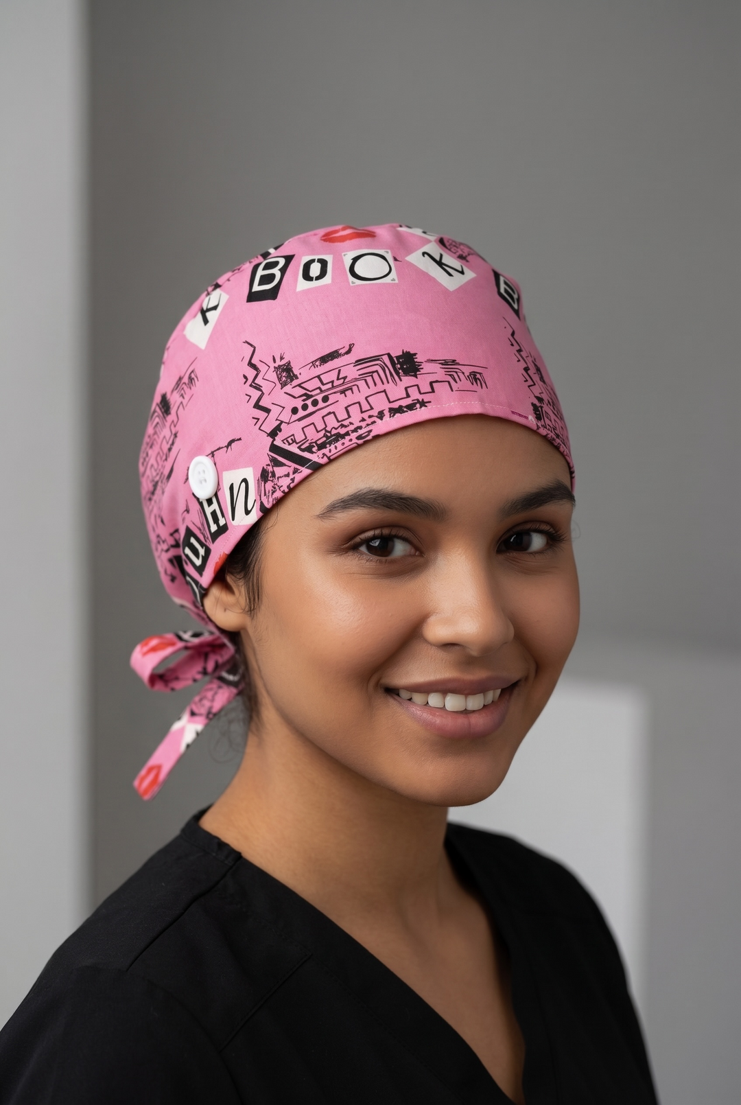 Burn Book Satin Lined Scrub Cap | Button &amp; Tie Back