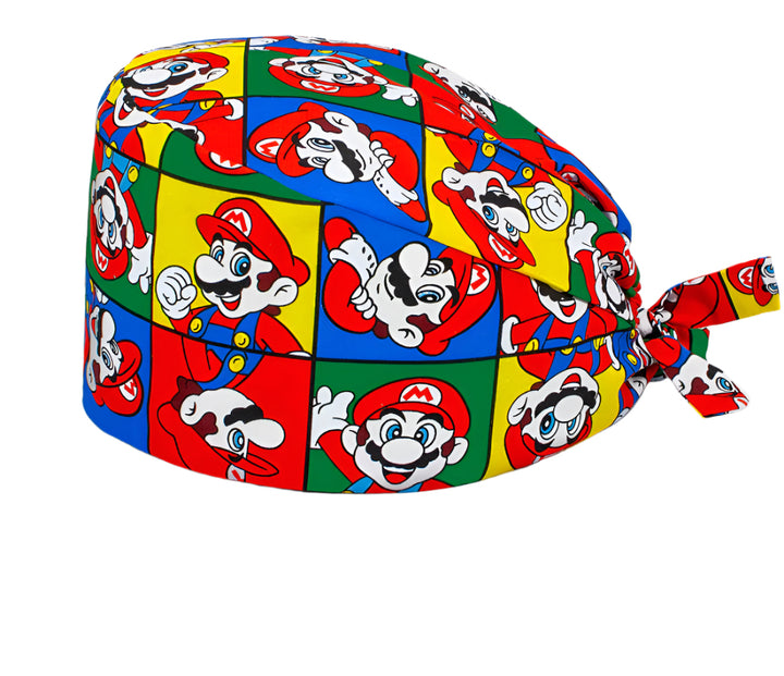 Bright and colorful Super Mario Brothers Scrub Cap, perfect for healthcare professionals who love gaming.