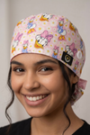 Pink Daisy Satin Lined Scrub Cap | Button & Tie Back