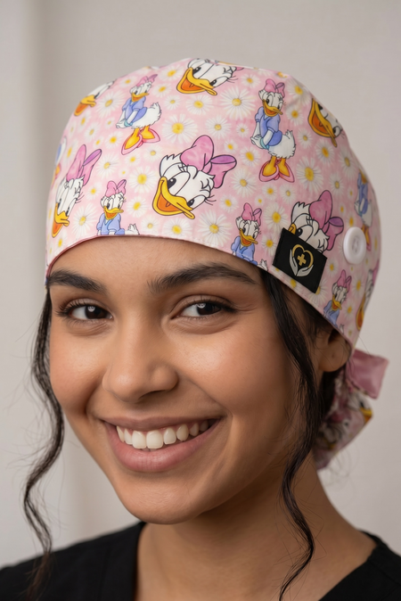 Pink Daisy Satin Lined Scrub Cap | Button & Tie Back