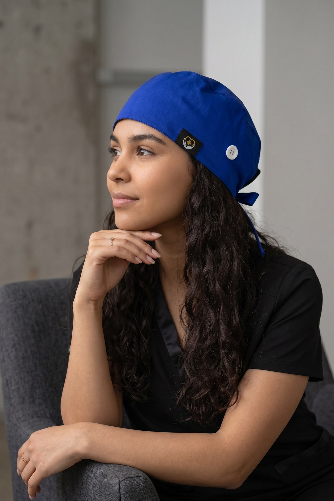 Royal Blue Satin Lined Scrub Cap | Button &amp; Tie Back