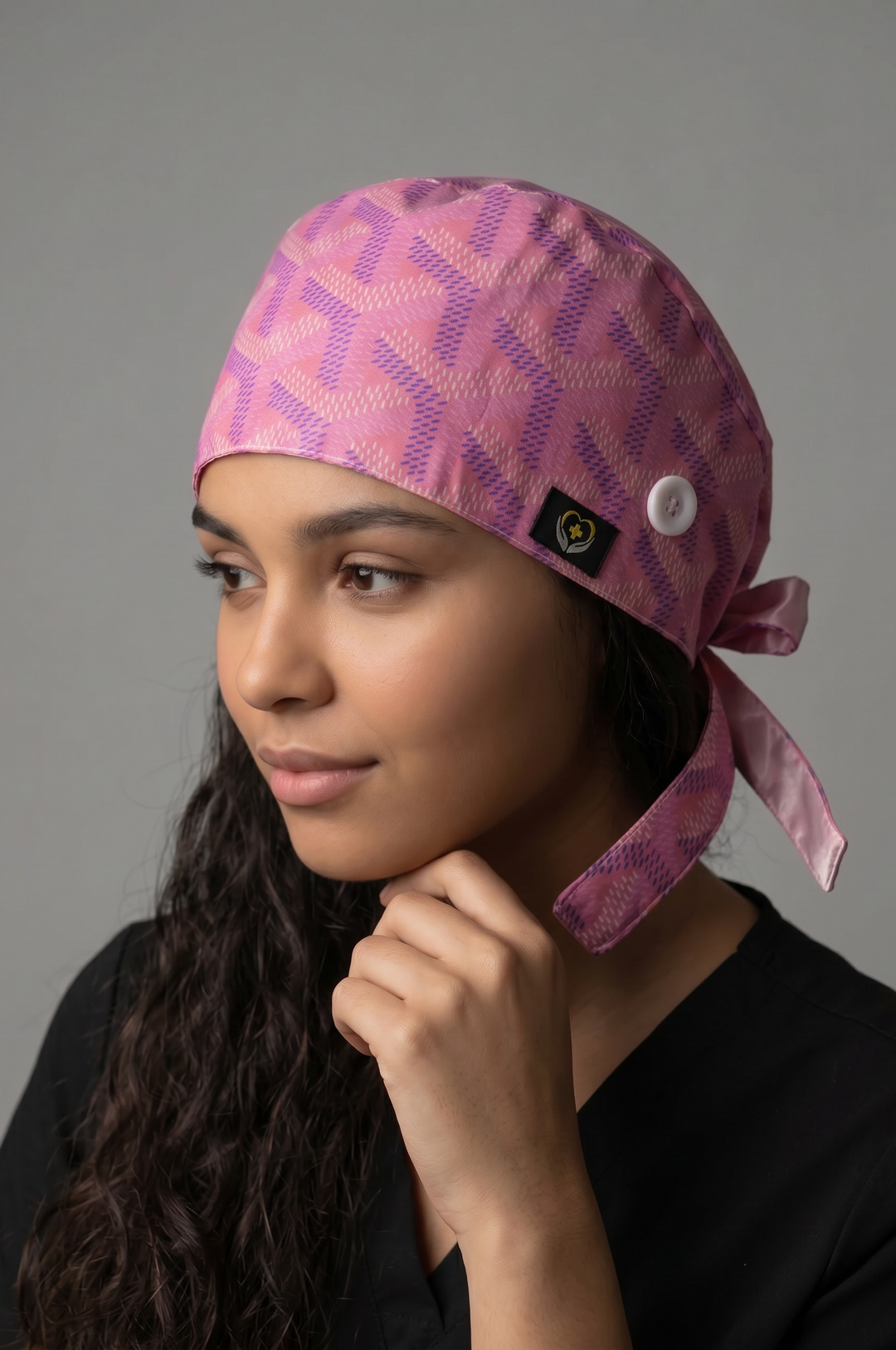 Blush Monogram Satin Lined Scrub Cap | Button &amp; Tie Back