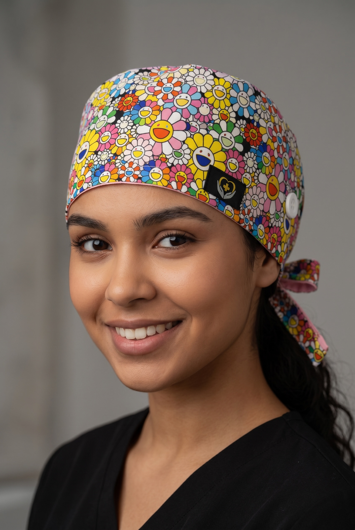 Bloom Bliss Satin Lined Scrub Cap | Button &amp; Tie Back