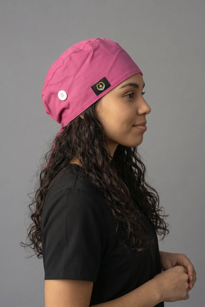 Berry Pink Satin Lined Scrub Cap | Button &amp; Tie Back