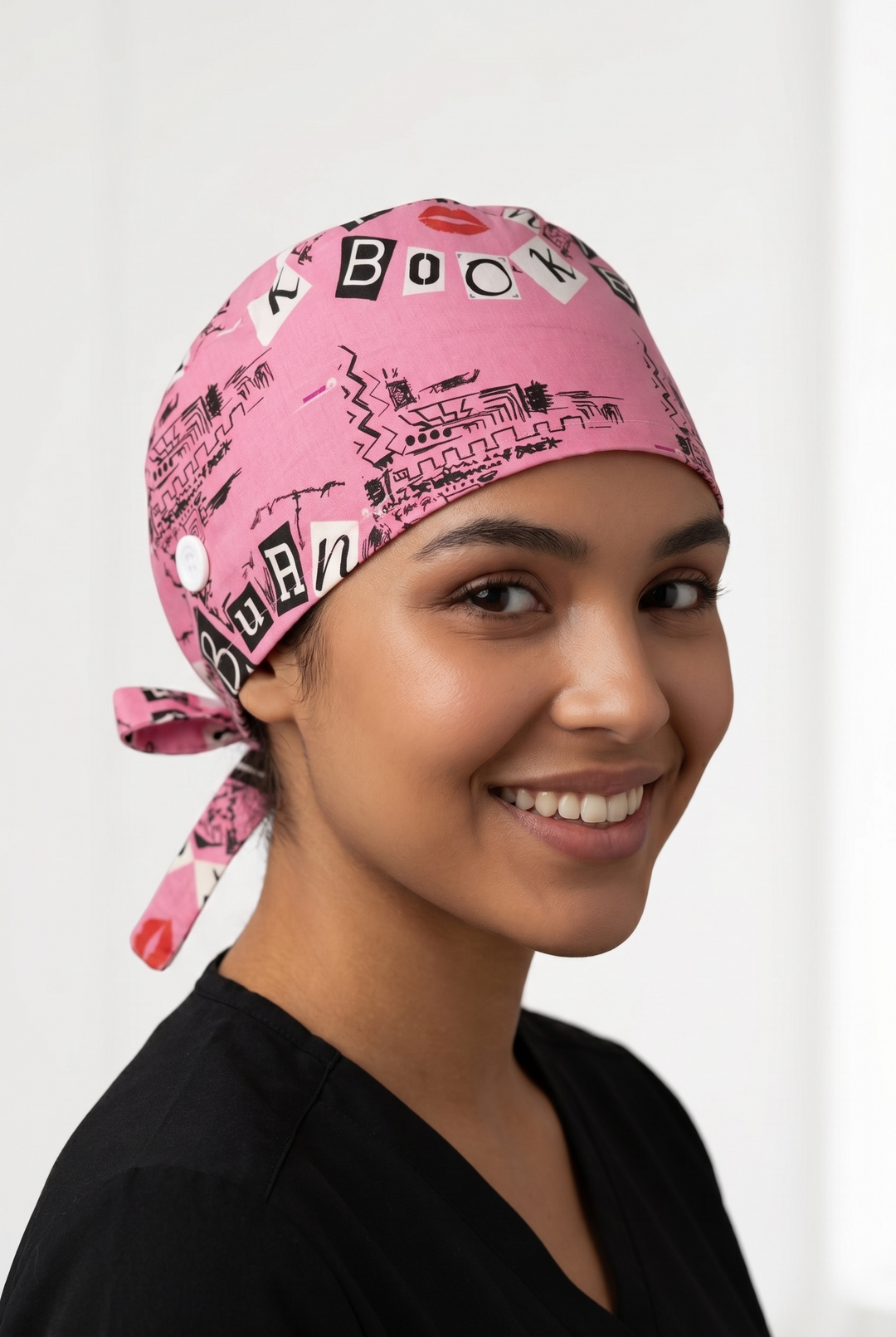 Burn Book Satin Lined Scrub Cap | Button &amp; Tie Back