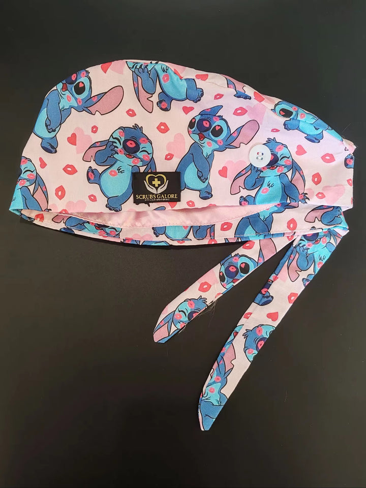Stitch Comic Print Satin-Lined Button Scrub Cap