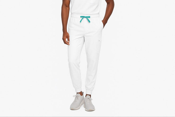 Person wearing a white scrub set with a stethoscope on a white background