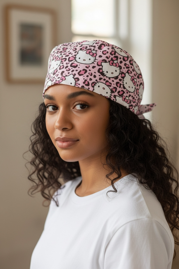 Pink Kitty Satin-Lined Tie-Back Scrub Cap