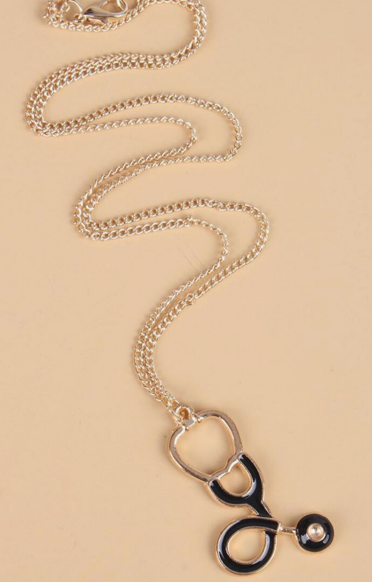 Black Stethoscope Necklace with Gold Accents for Healthcare Professionals
