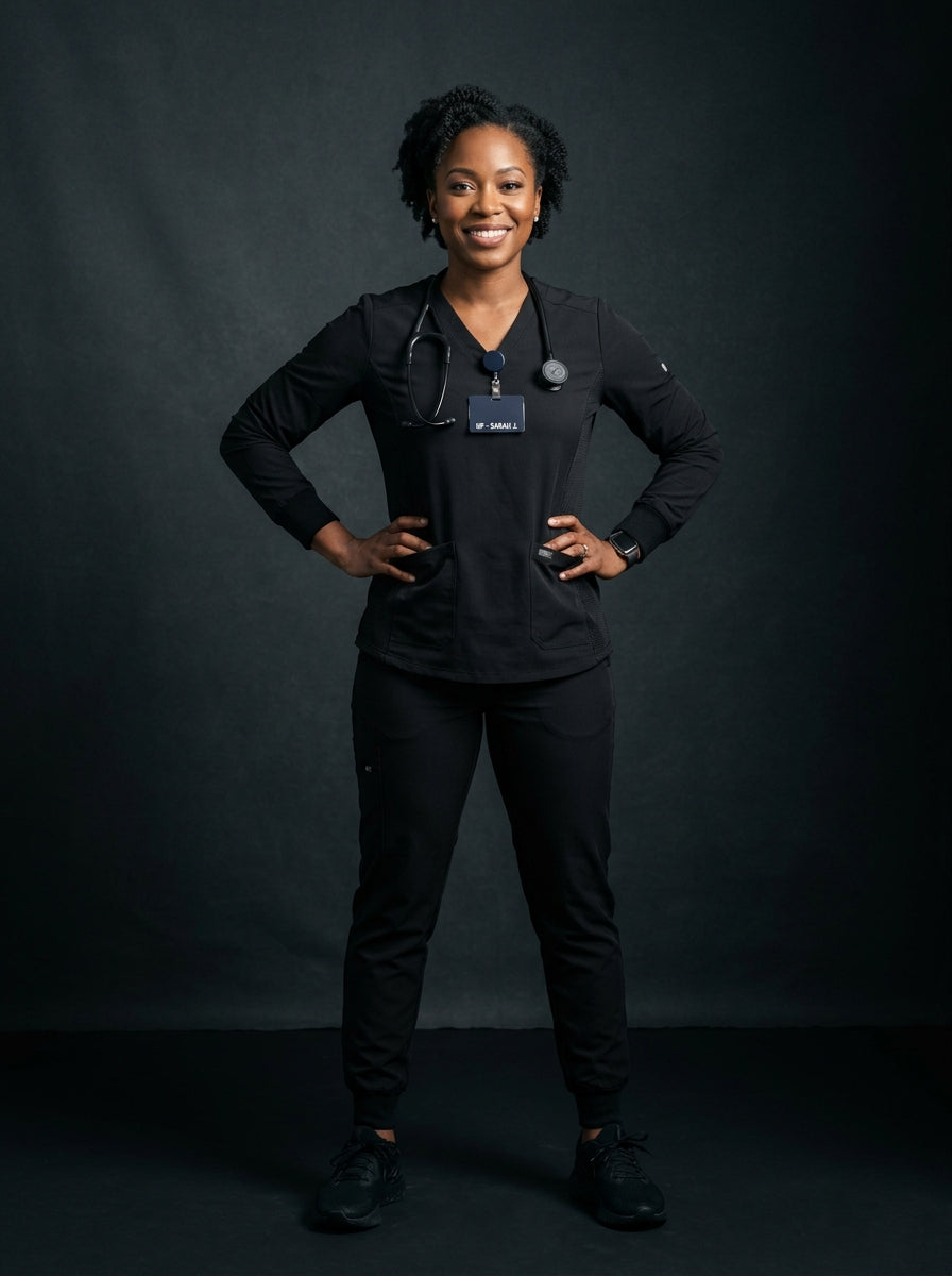 Confident healthcare worker in black scrubs