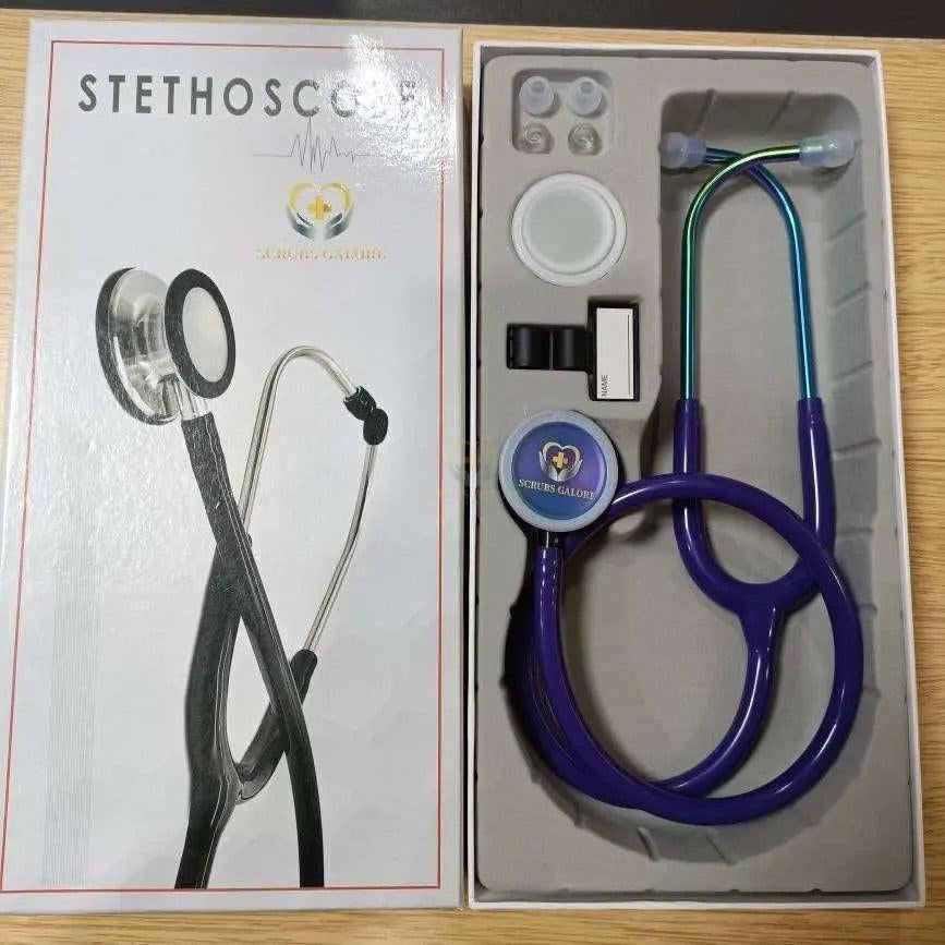 Stylish Purple Stethoscope Giftbox from Scrubs Galore, complete with extra earbuds and name tags for ultimate care.