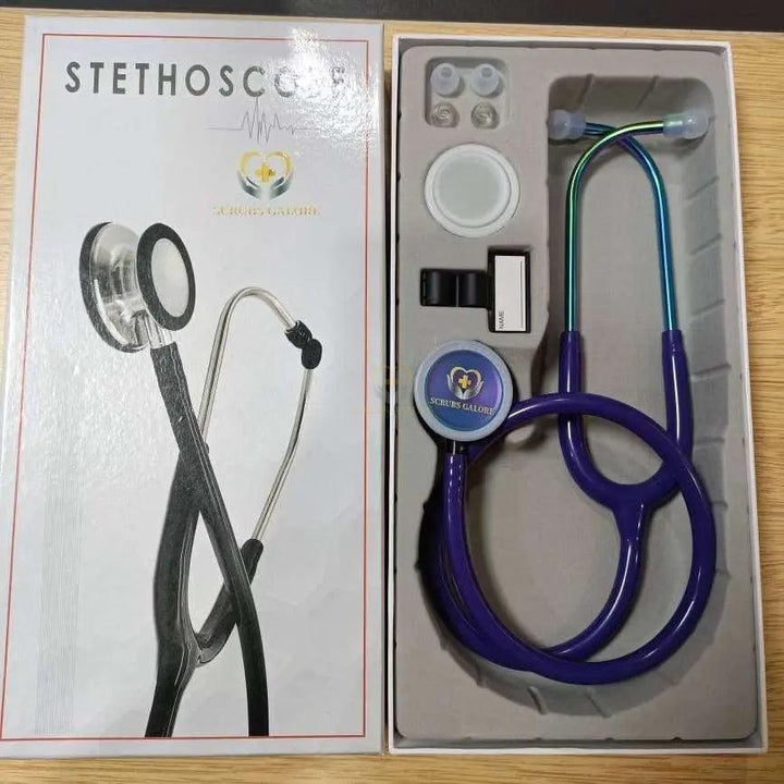 Stylish Purple Stethoscope Giftbox from Scrubs Galore, complete with extra earbuds and name tags for ultimate care.