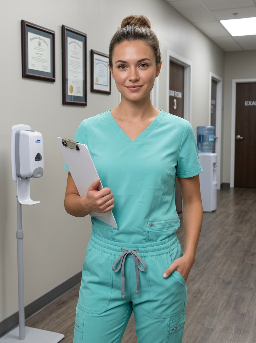 Scrubs Galore Uniforms aqua CoreFlex scrub top with V-neck and functional pockets, paired with matching scrub pants.