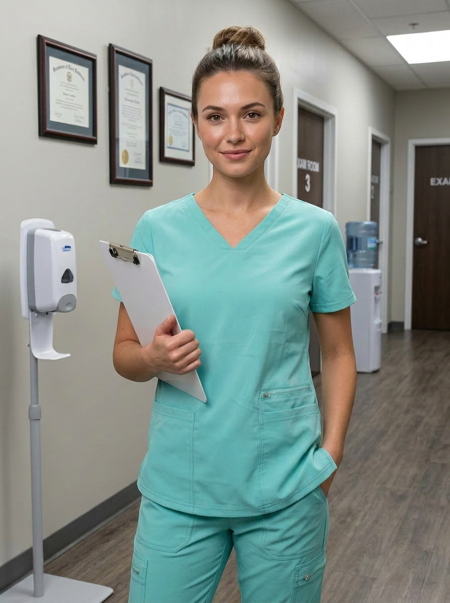 Scrubs Galore Uniforms aqua blue CoreFlex scrub top with V-neck and functional pockets. Model is wearing the top with matching pants.