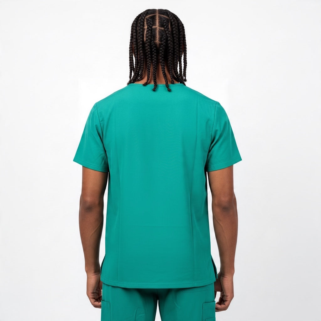 Back view of a man wearing a Scrubs Galore Uniforms hunter green Glide Flex V-neck scrub top with short sleeves.
