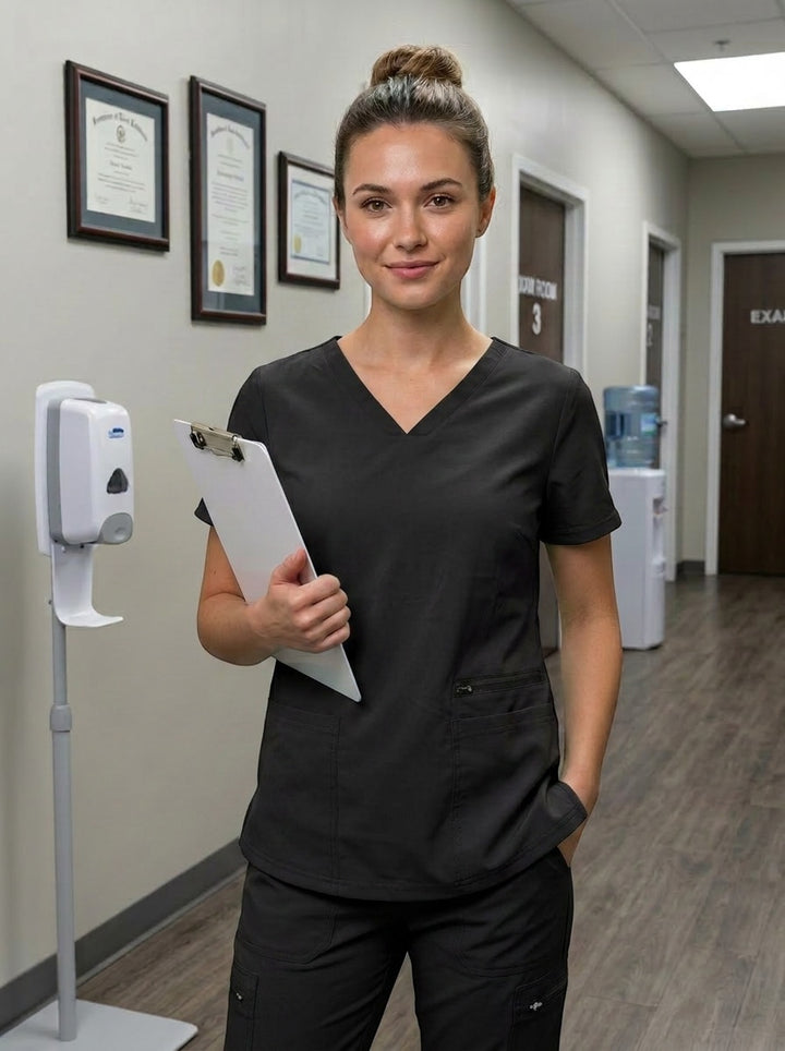 Scrubs Galore Uniforms black CoreFlex scrub top with v-neck and functional pockets, worn by a model in a clinic hallway.