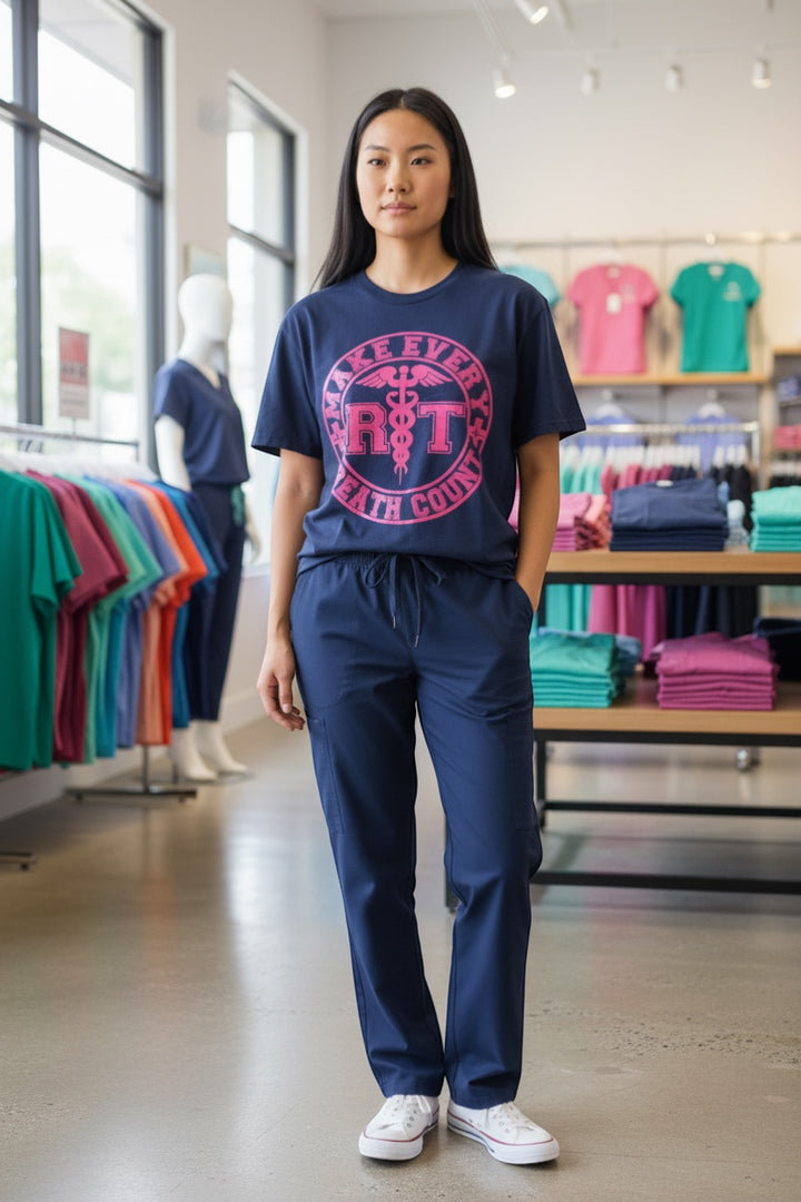 Scrubs Galore Uniforms navy blue 100% cotton RT tee with pink 'Make Every Breath Count' graphic and caduceus symbol.
