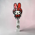 Scrubs Galore Uniforms red bunny-inspired badge reel with retractable cord and secure clip. Perfect for healthcare settings.