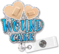 Scrubs Galore Uniforms "Wound Care" badge reel with silver glitter, two heart bandages, and blue lettering. Retractable.