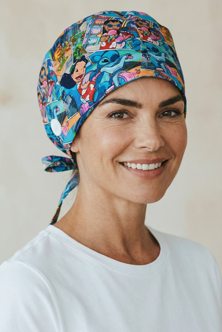 Stitch Comic Print Satin-Lined Button Scrub Cap
